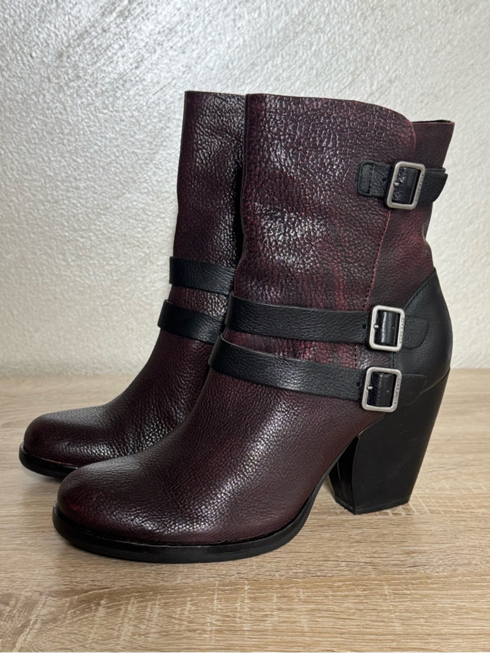 Ease "Anki" Triple Belt Moto Ankle Boots Women 9.5M Burgundy Leather